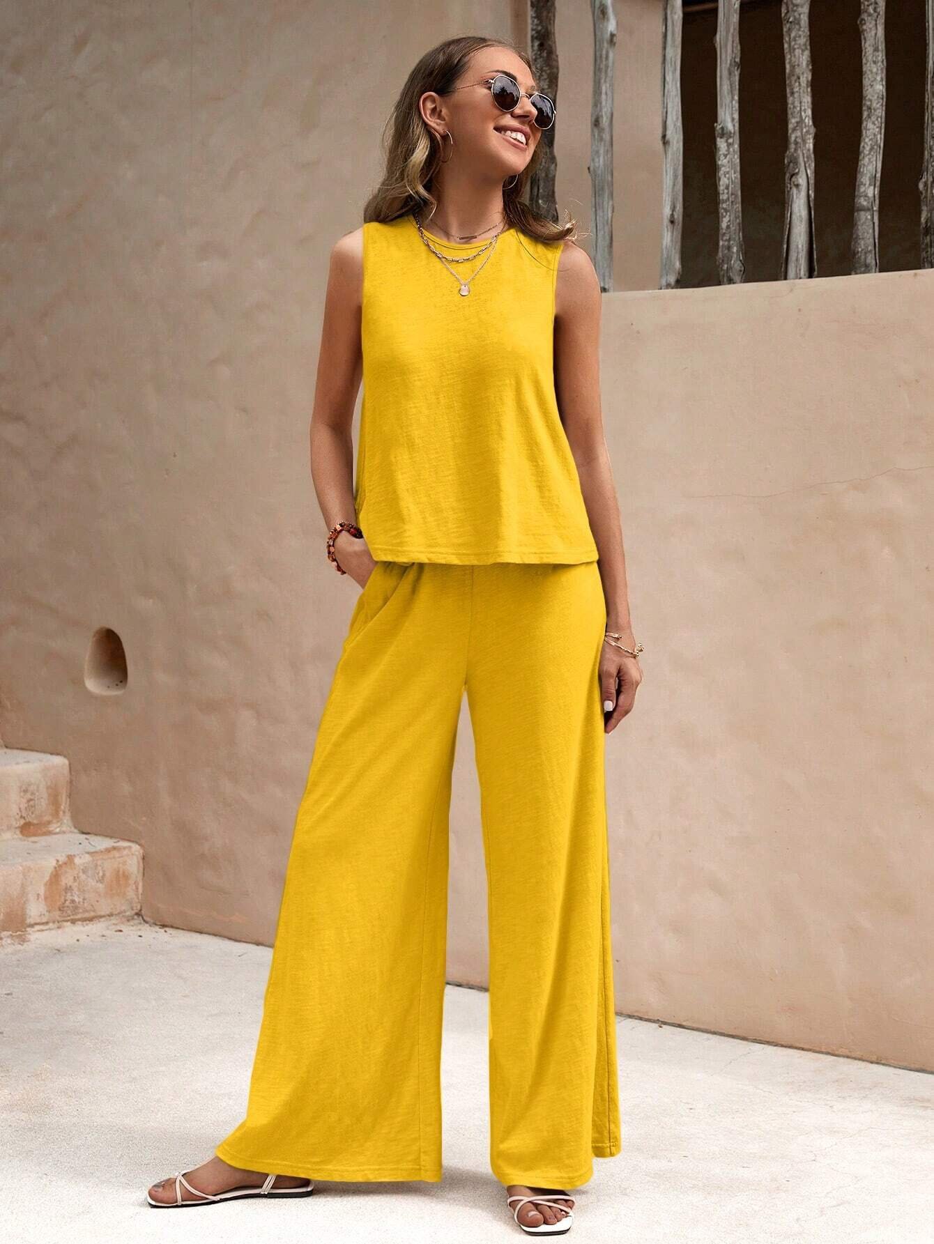 Solid Color Casual Loose Pants Sets For Women Elegant Spring Summer Women's Two Pieces Suit Full Trouser Set Female Outfit Clothes