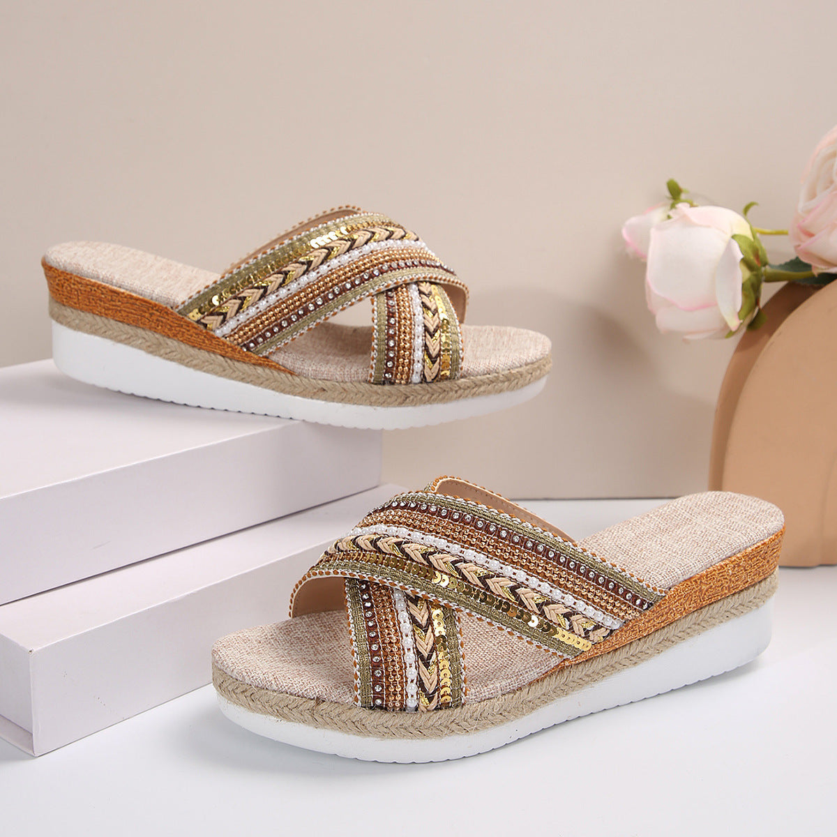 Linen Wedge Sandals Summer Ethnic Style Cross-strap Sandals For Women Non-slip Slides Beach Shoes