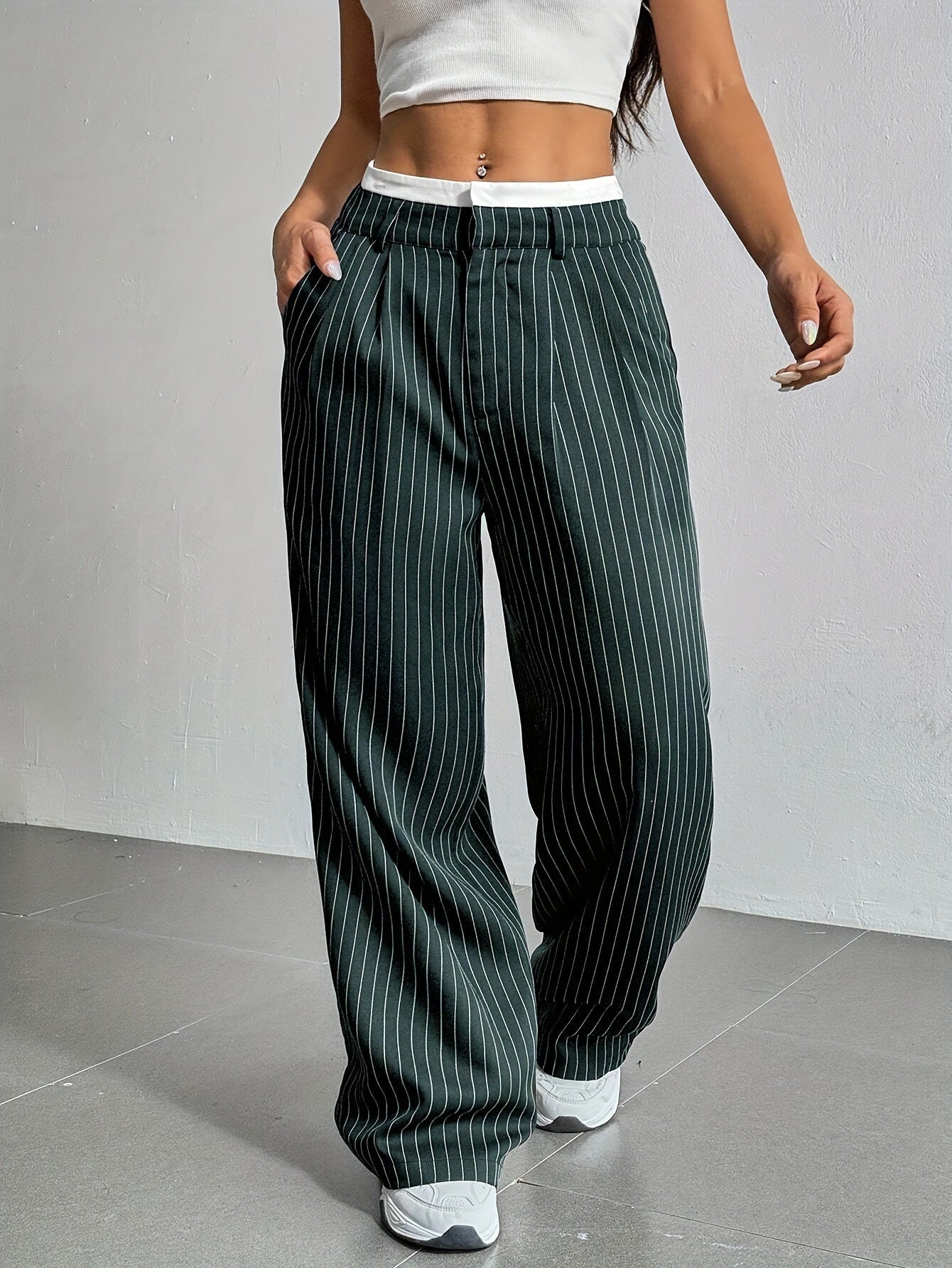 Stripe Printed Trousers Fashion High Waist Straight Leg Pants With Pocket Zipper Casual Suit Pants For Women
